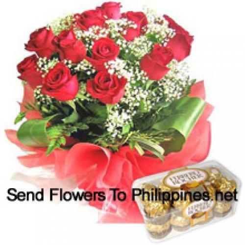 12 Red Roses with Yummy 16 Pcs Ferrero Rochers