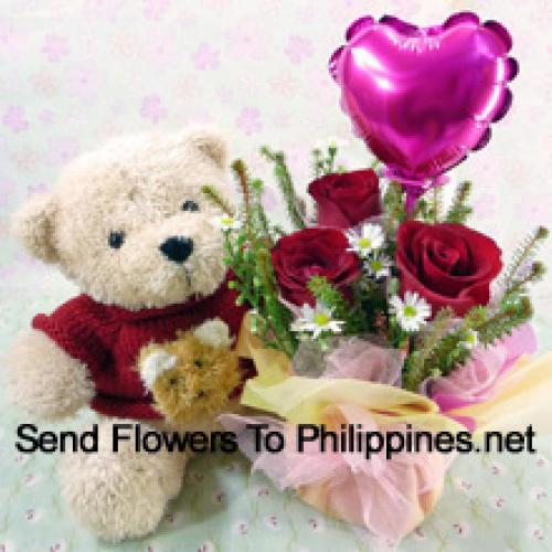 3 Red Roses with Balloon and Charming Teddy