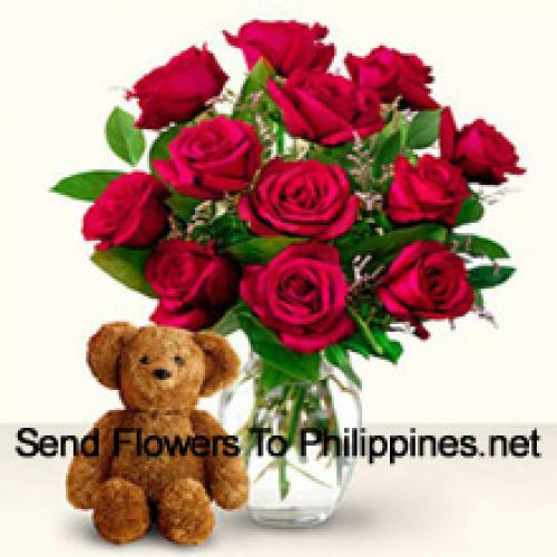 12 Red Roses with Cute 12 Inch Teddy