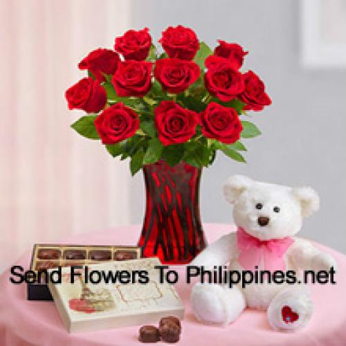 12 Beautiful Red Roses with Teddy and Chocolates