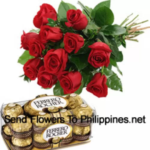 一束12朵红玫瑰，搭配时令花材，附带一盒16颗费列罗榛果巧克力