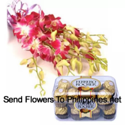 Bos roze orchideeën met seizoensvullers samen met 16 stuks Ferrero Rochers
