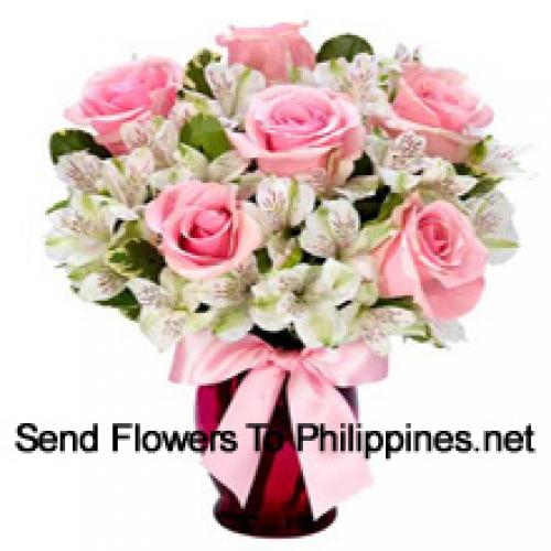 Beautiful Pink Roses and White Alstroemeria