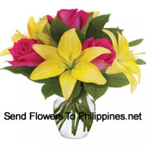 Pink Roses and Yellow Lilies in Vase