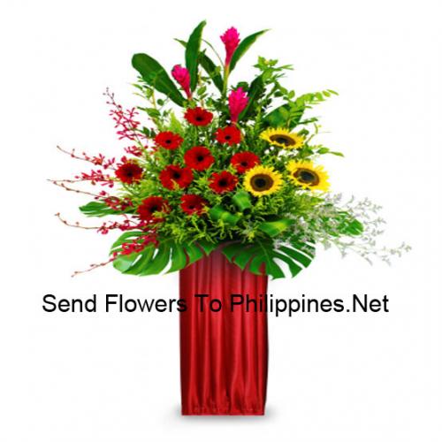 Standing Arrangement of Gerberas, Sunflowers and Fillers