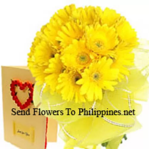 18朵黄色非洲菊花束，附赠一张免费的爱情贺卡