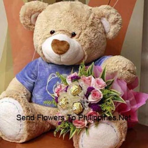 Cute 24 Inch Teddy With Pink Roses and Chocolates