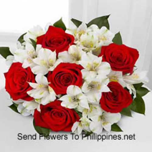 Bukiet 6 czerwonych róż i sezonowych białych kwiatów