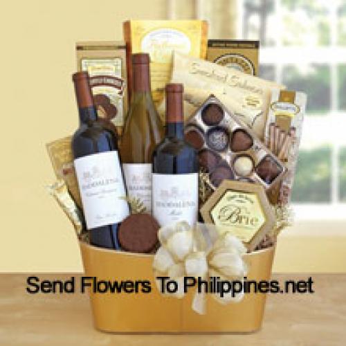 Basket Containing 3 Wines and Snacks